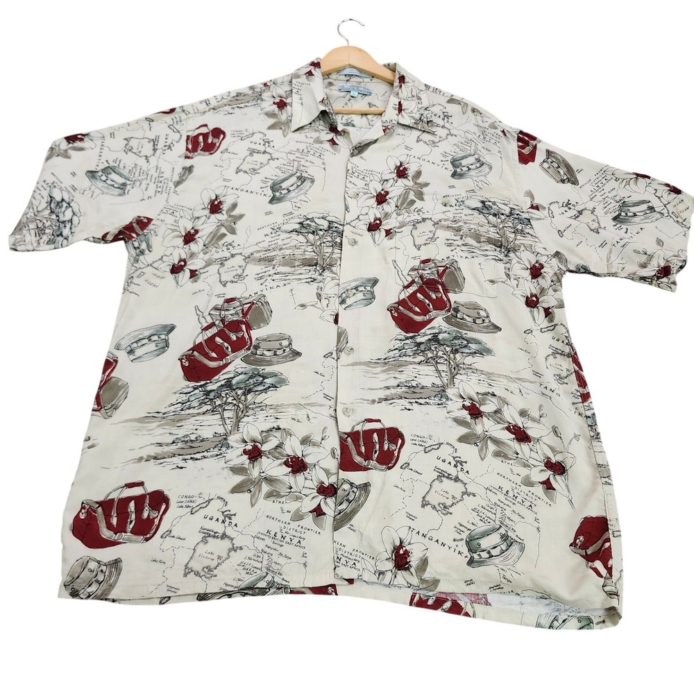 Campia Rayon Hawaiian Camp Shirt L Safari Travel Map Print Aloha Resort Korea